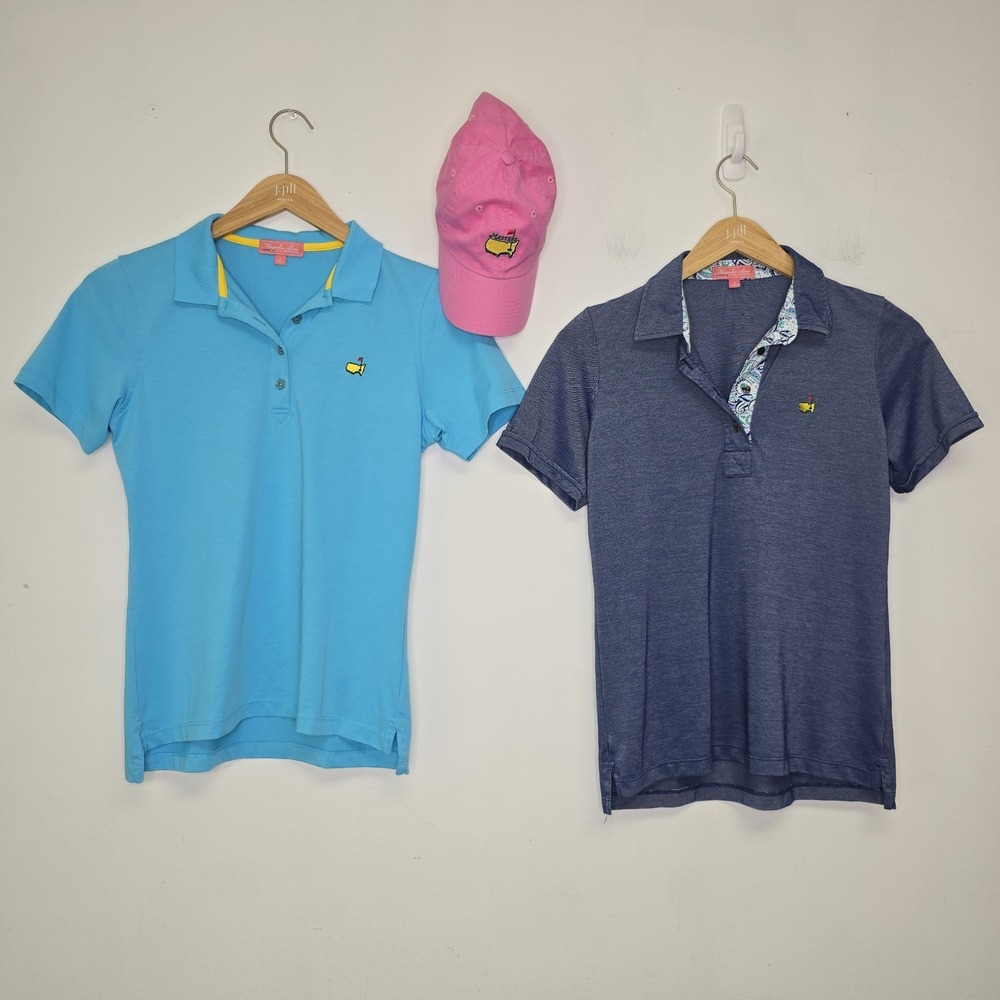Magnolia Lane Masters Lot 2 Polo Shirts + Pink Hat Golf Women Size M Casual Blue